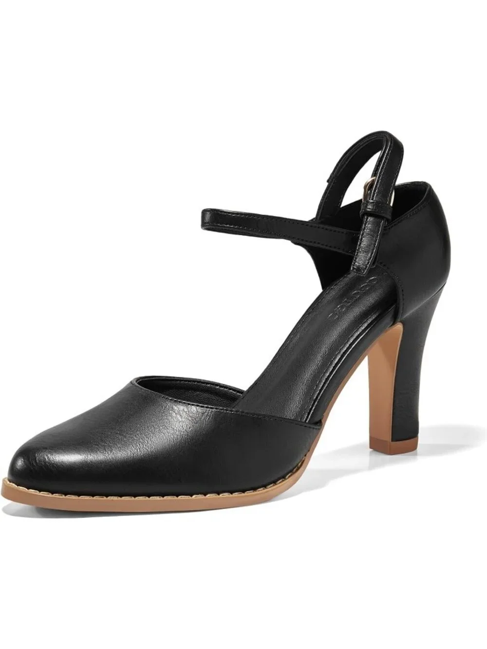 Women's Black Chunky High Heels Closed Pointed Toe Ankle Strap Pumps Party Shoes